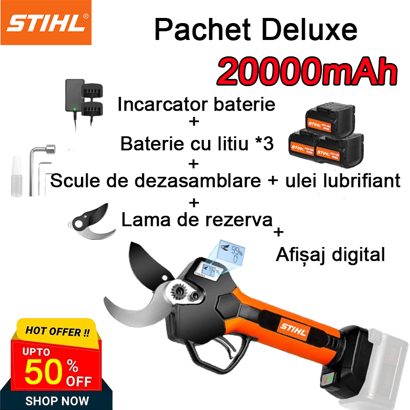 [Cel mai recent foarfece de tăiat cu afișaj digital Stihl] Model de lux: Bateria cu litiu 20000mAh poate fi folosită continuu timp de 16 ore + încărcător + instrumente de dezasamblare + lubrifiant + lamă de rezervă + afișaj digital + baterie de rezervă *2