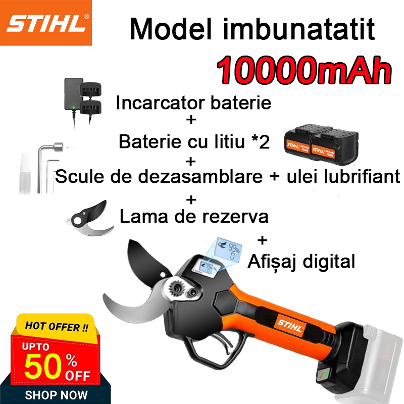 [Cel mai recent foarfece de tăiat cu afișaj digital de la Stihl] Model îmbunătățit: bateria cu litiu de 10000 mAh poate dura 8 ore + încărcător + instrumente de dezasamblare + lubrifiant + lamă de rezervă + afișaj digital + baterie de rezervă