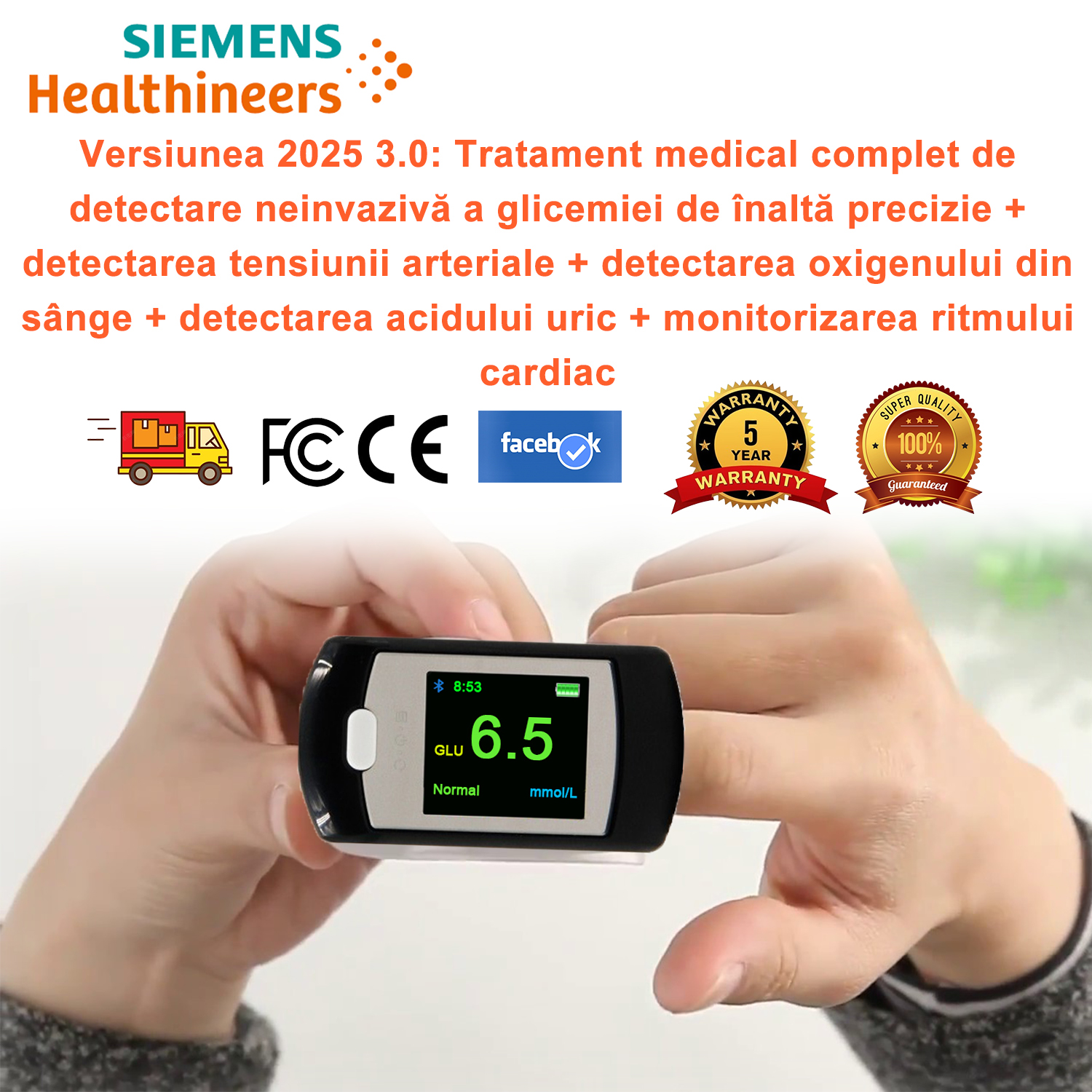 Versiunea 2025 3.0: Tratament medical complet de detectare neinvazivă a glicemiei de înaltă precizie + detectarea tensiunii arteriale + detectarea oxigenului din sânge + detectarea acidului uric + monitorizarea ritmului cardiac